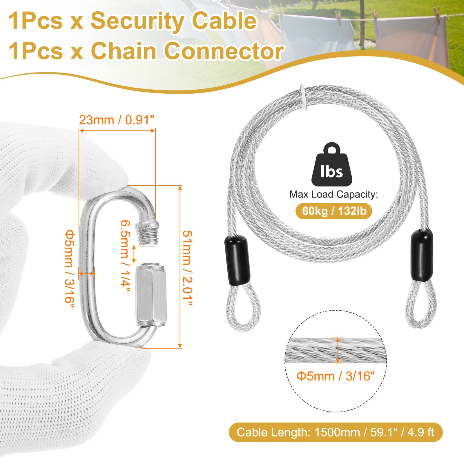 1Set 3/16″ Dia 4.9ft Security Steel Cable with Loops Clear + Quick Links