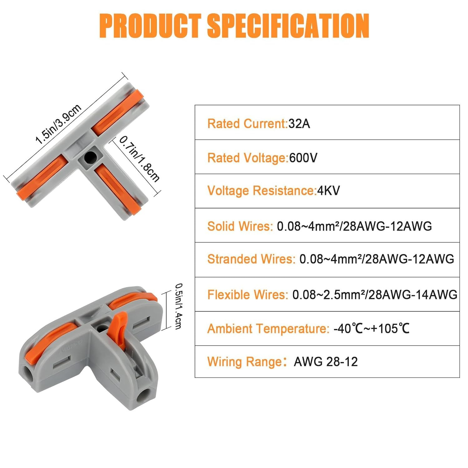 30 PCS Compact Wire Conductor Connector, T Shape Lever Nut Wire Connector Push I