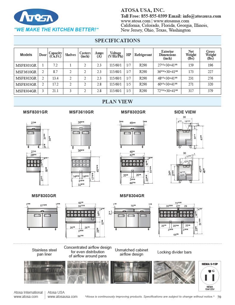 Atosa MSF8301GR 27″ 1 DOOR Sandwich Prep Refrigerator 8 of 1/6 pans on top