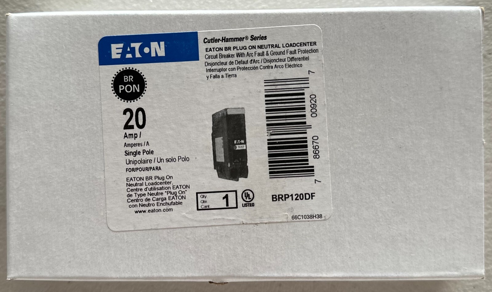 Eaton BRP120DF 120 20A 1-Pole Circuit Breaker