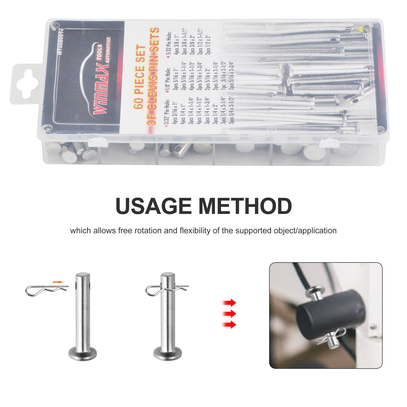 Universal 60 Pieces Clevis Pin Assortment 3/32 in,1/8 in and 5/32in Pin Hole