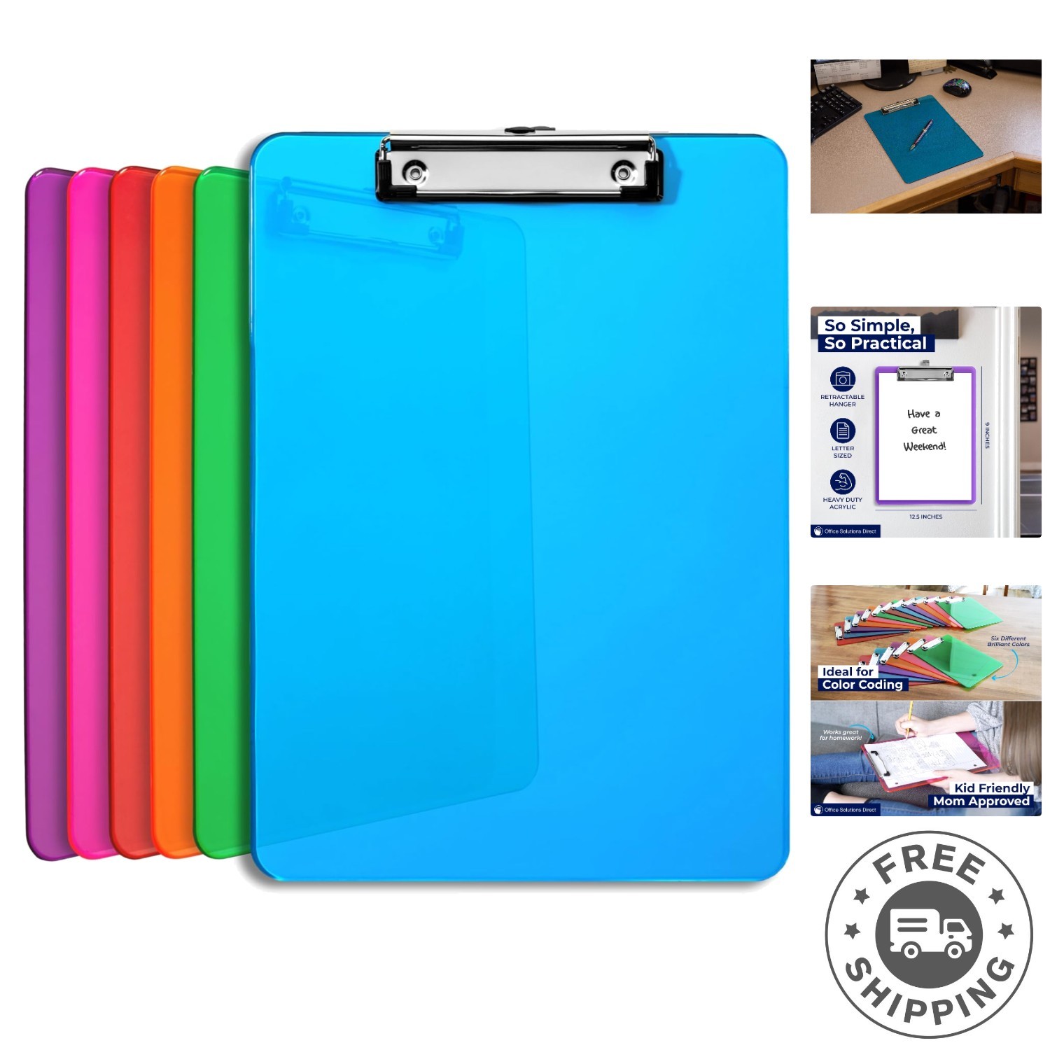 Set of 6 Vibrant Multi-Color Plastic Clipboards – Lightweight & Stackable