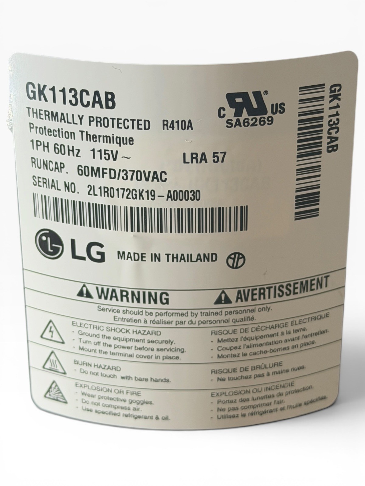 LG GK113CAB Rotary Compressor 12,000 BTU 115V R410A PTAC Daikin McQuay