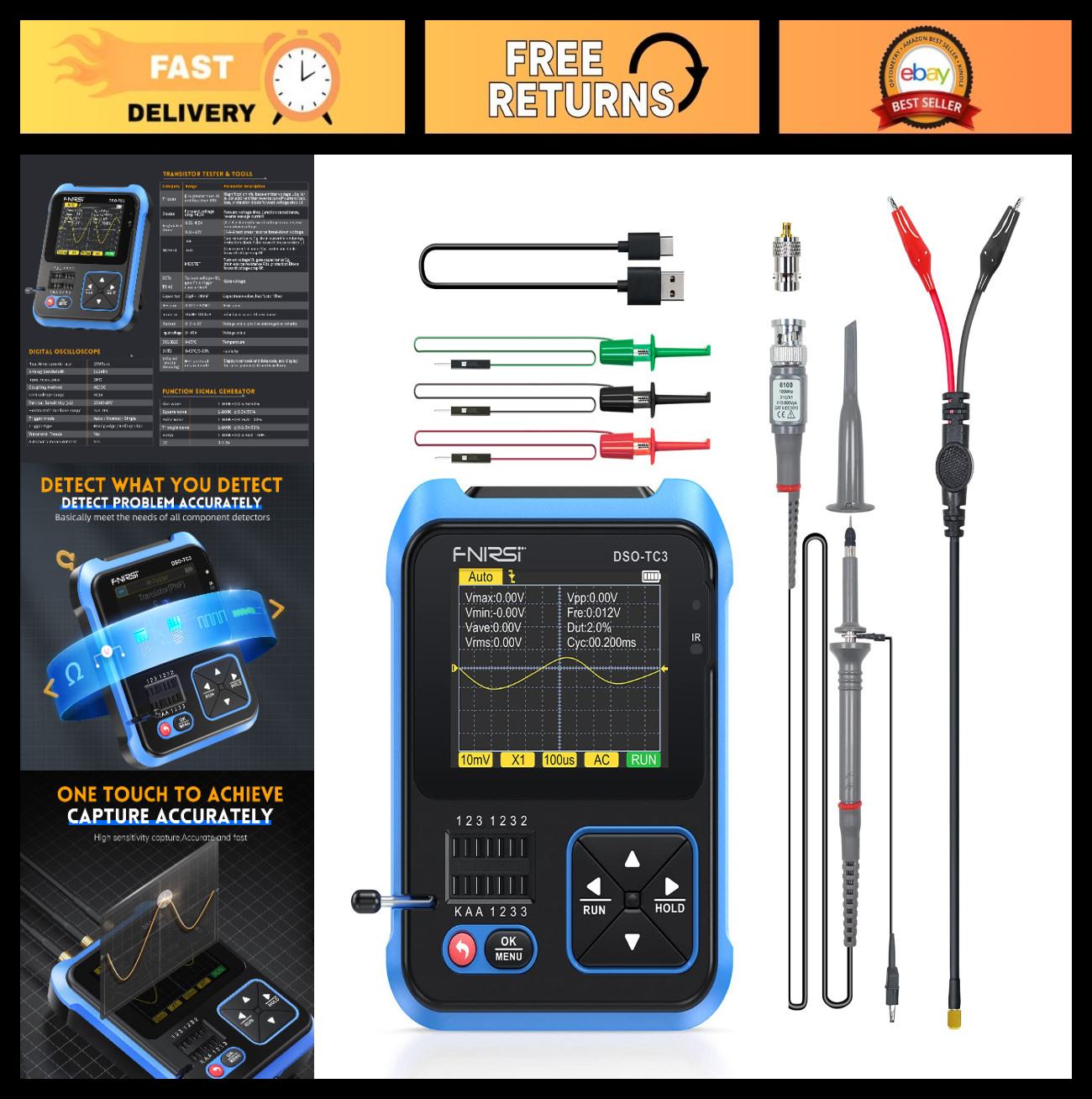 3-in-1 Digital Oscilloscope 500KHz Bandwidth 10MSa/s Sampling Rate, Portable Tes