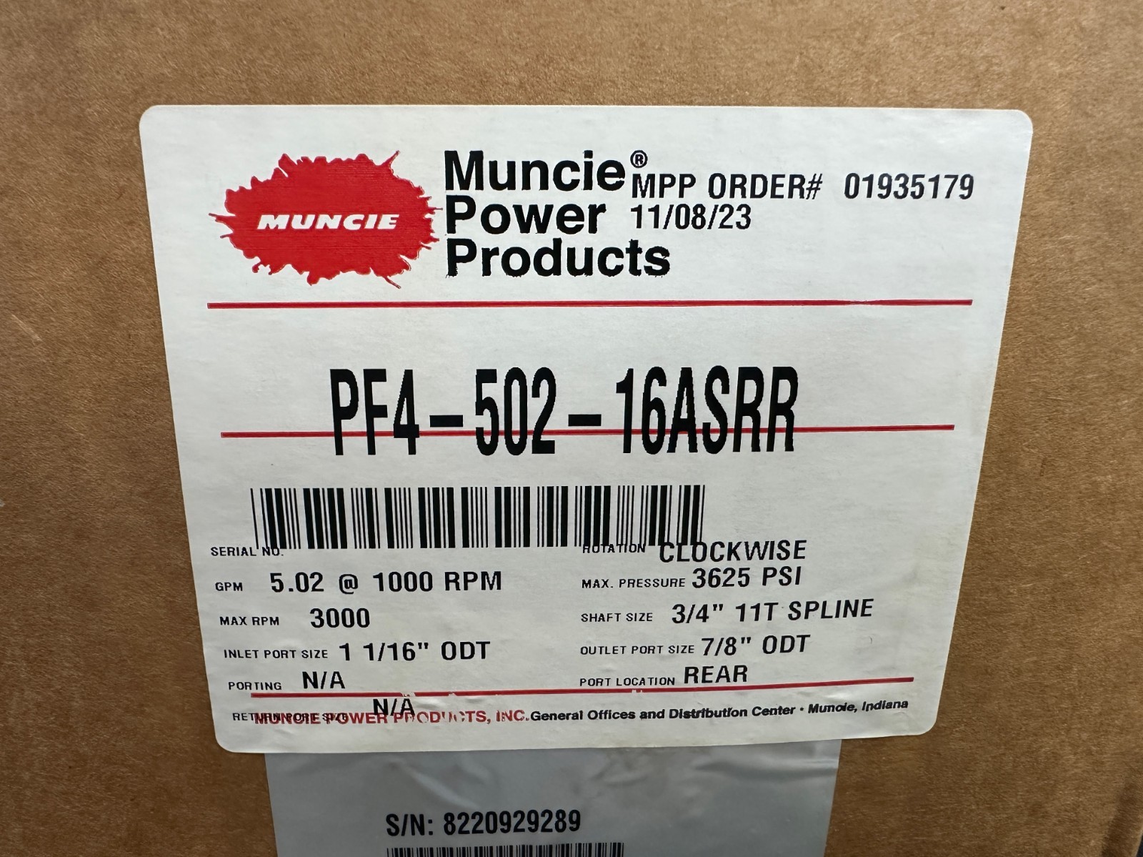 Muncie PF4-502-16ASRR – Gear Pump 11 spline – New in Box