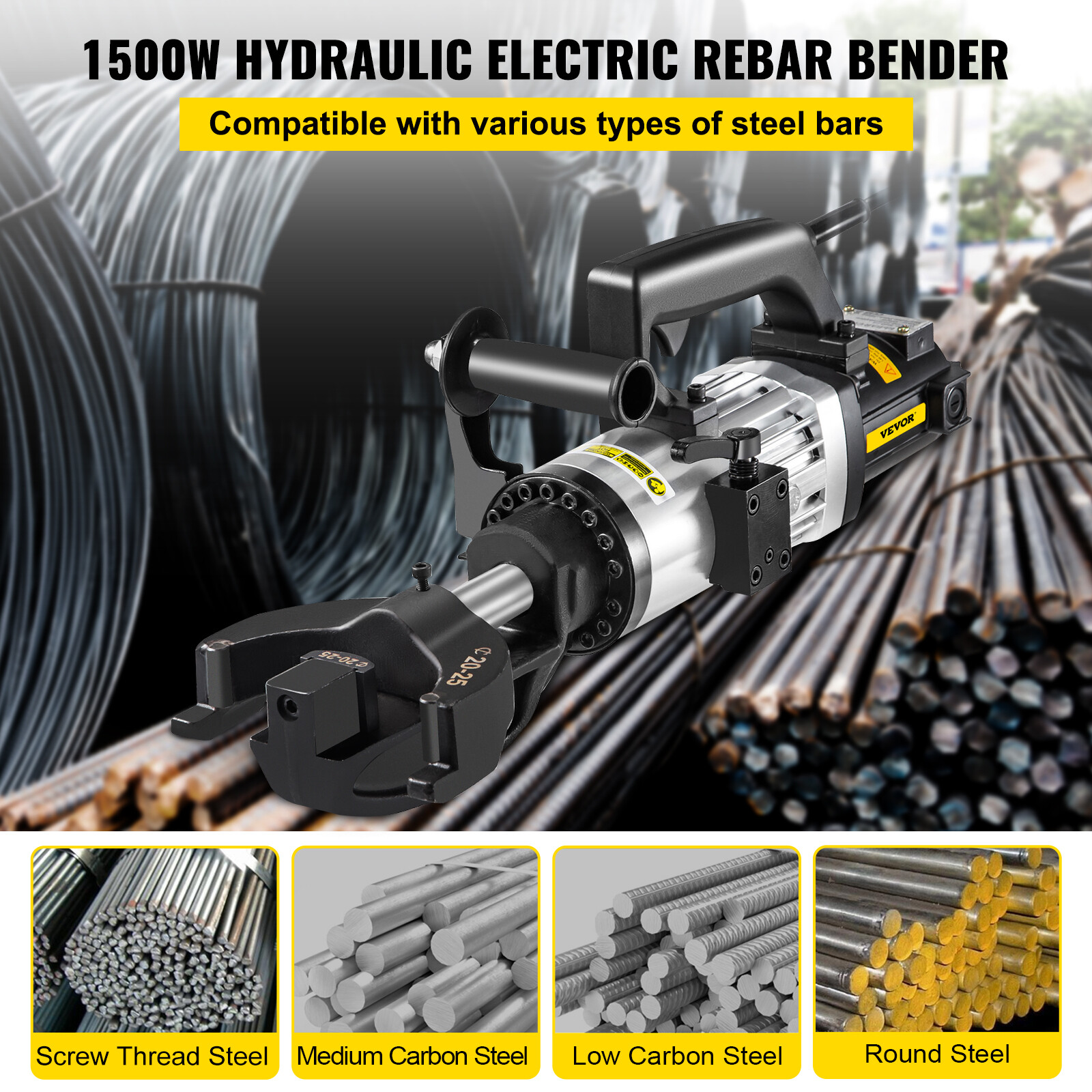 VEVOR 1500W Electric Rebar Bender 1″ 25mm #8 Hydraulic Portable Rebar Bending