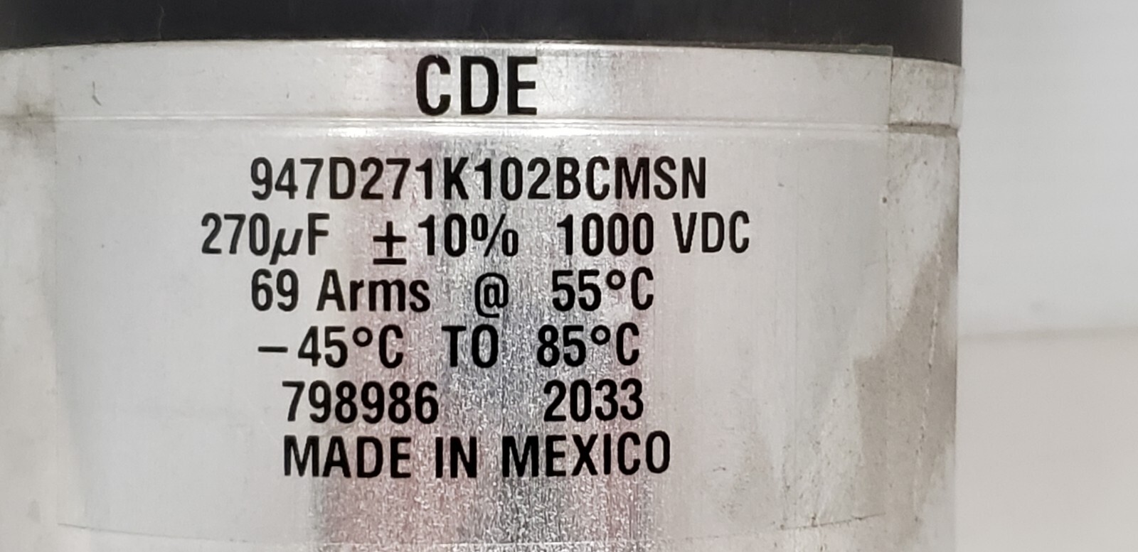 CDE 9470271K102BCMSN HIGH ENERGY DENSITY CAPACITOR, 270uF 1000VDC, -45°C TO 85°C