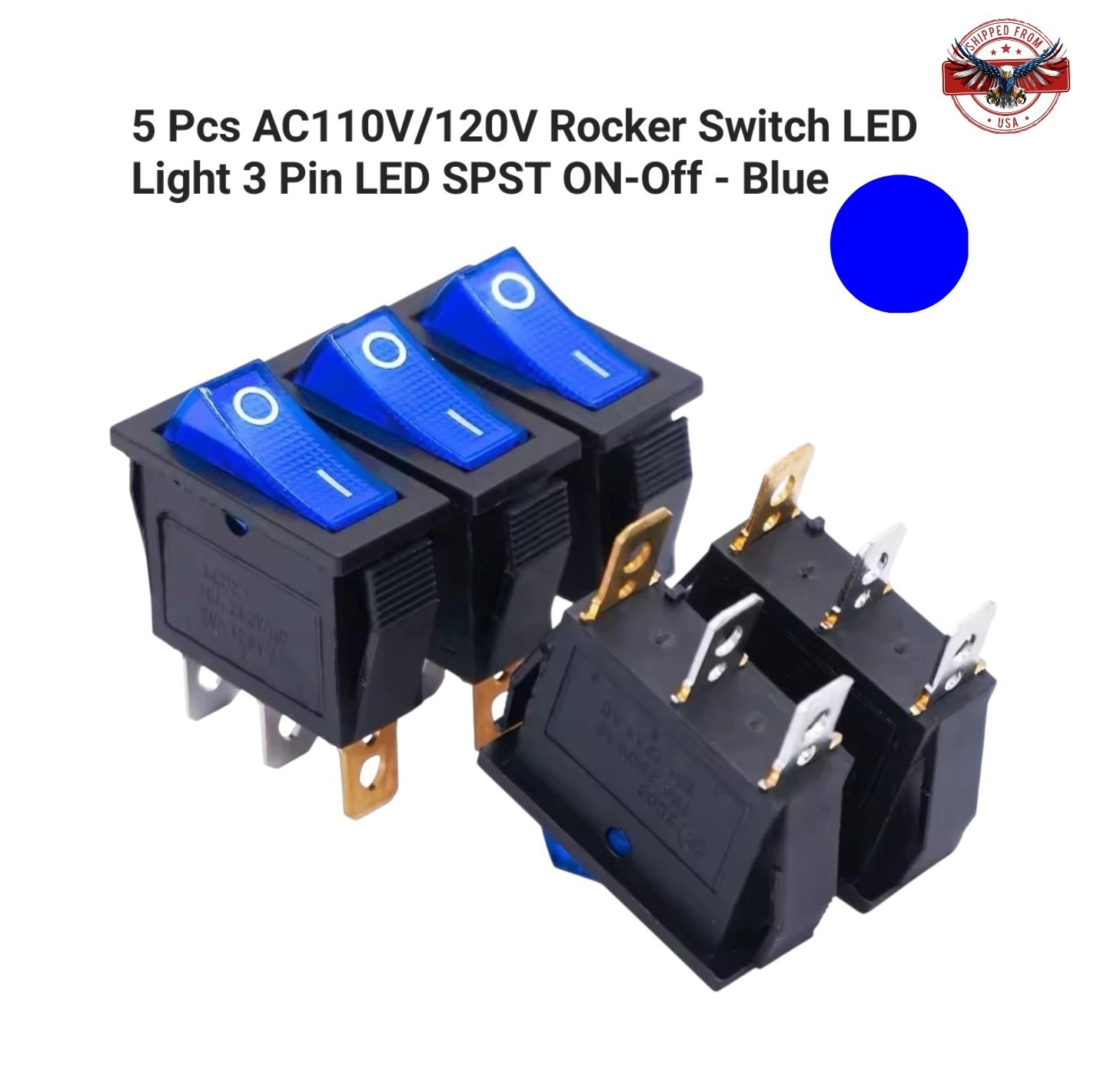 5 Pcs AC110V/120V Rocker Switch BLUE Light 3 Pin LED SPST ON-Off USA SHIPPING