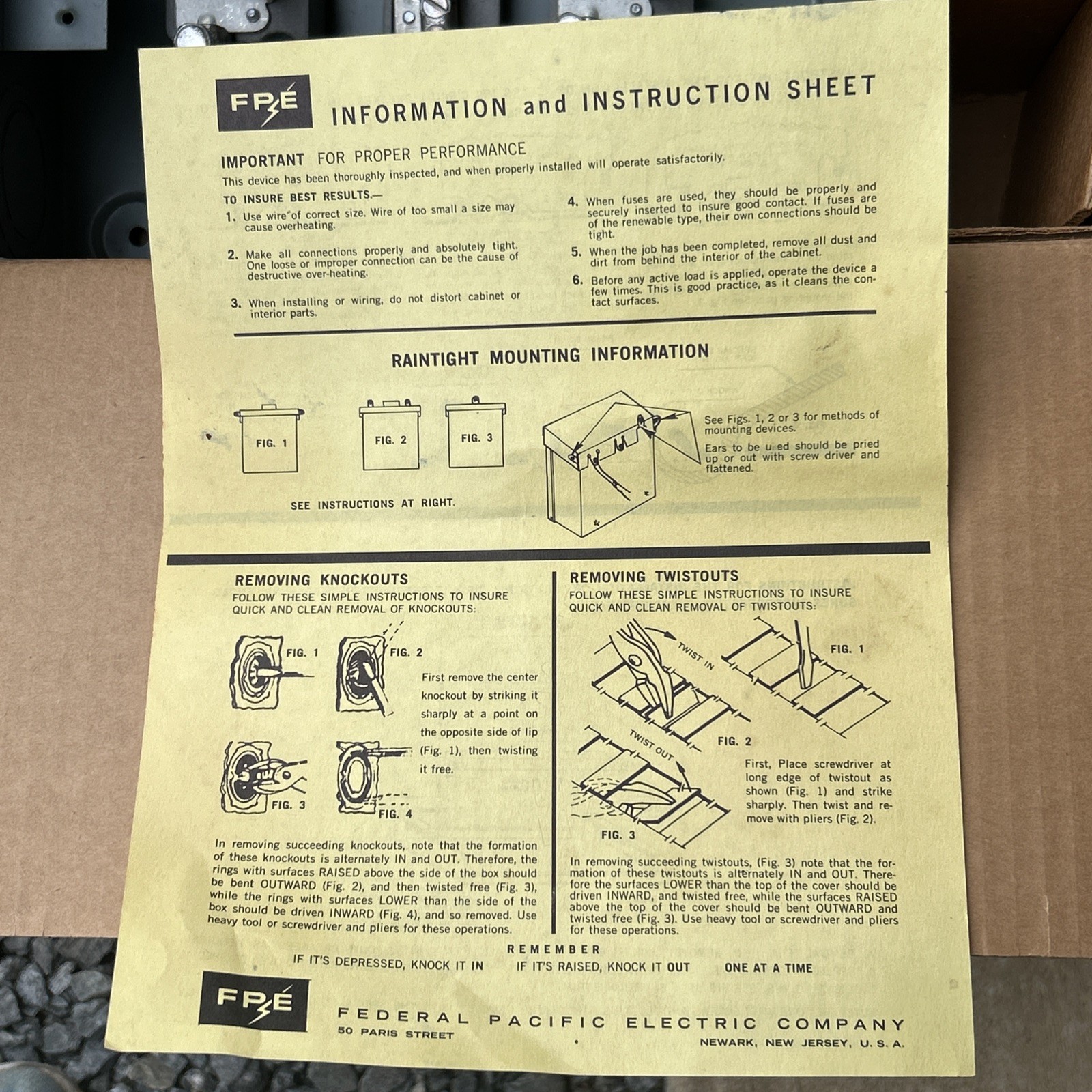 Vintage Federal Pacific Electric Enclosed Safety Switch Box Original Box Papers