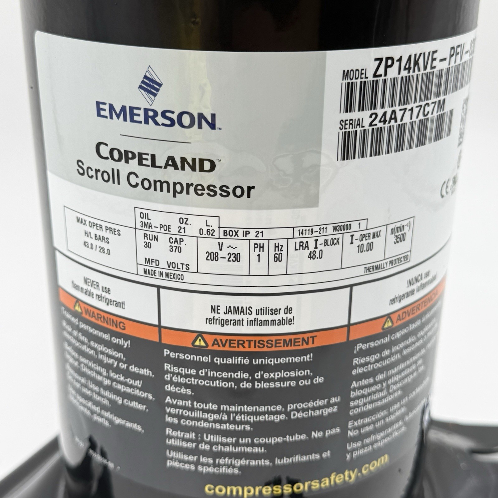 Copeland Compressor ZP14KVE-PFV-830 14,000 Btu R-410a 208/230 V Single Phase New
