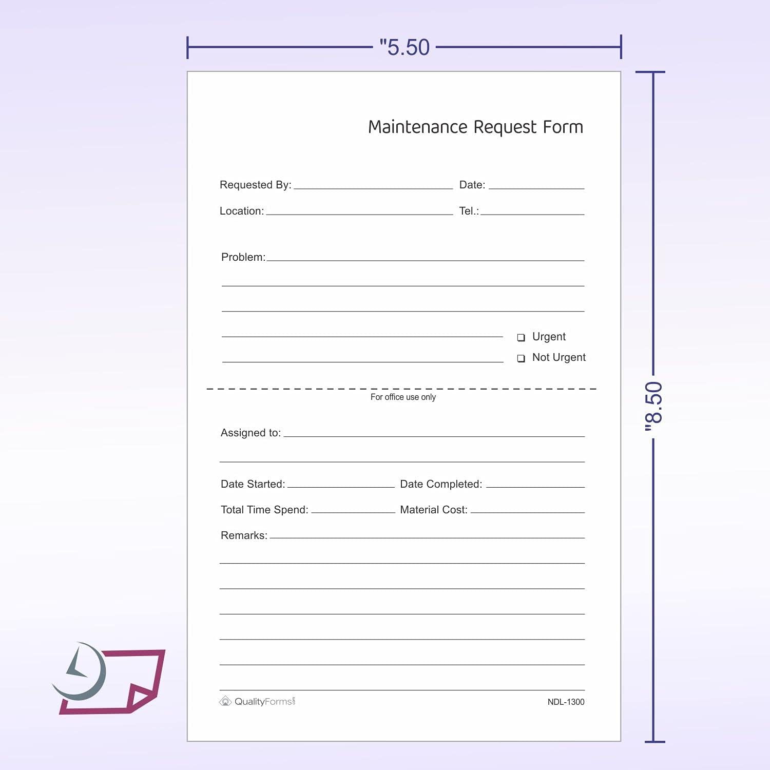 – Maintenance Request Forms 5-1/2″ x 8-1/2″ NCR Carbonless (2 Part, 100 Sets)
