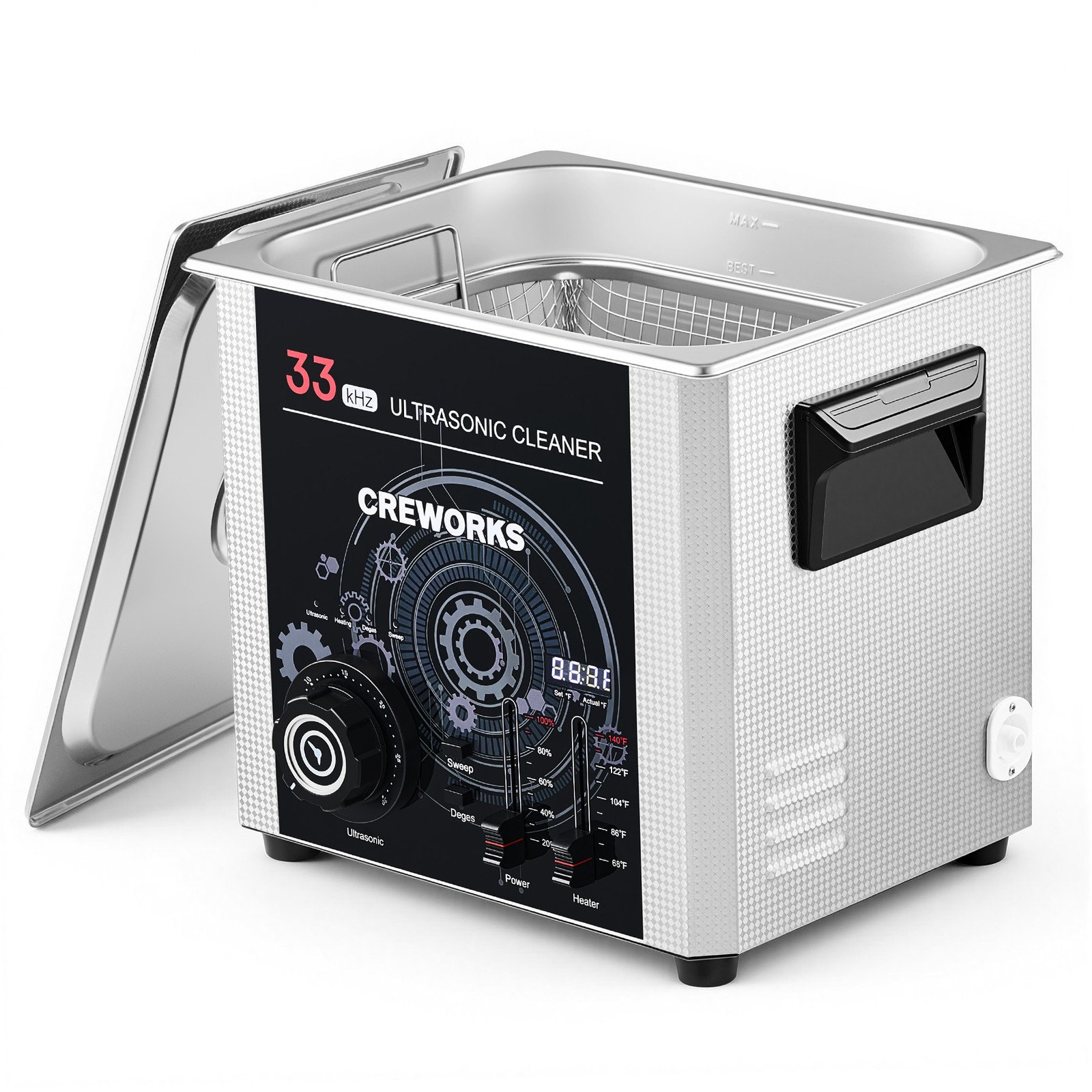 CREWORKS 33kHz 10L 240W Ultrasonic Cleaner with Degas & Gentle Modes Adj. Timer