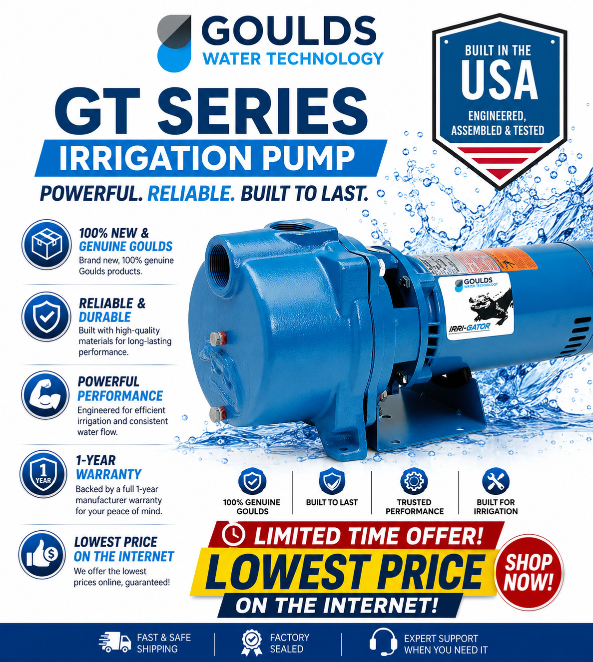 Goulds GT20 IRRI Gator Pump Self Priming Single Phase Centrifugal 2 HP 230 Volts
