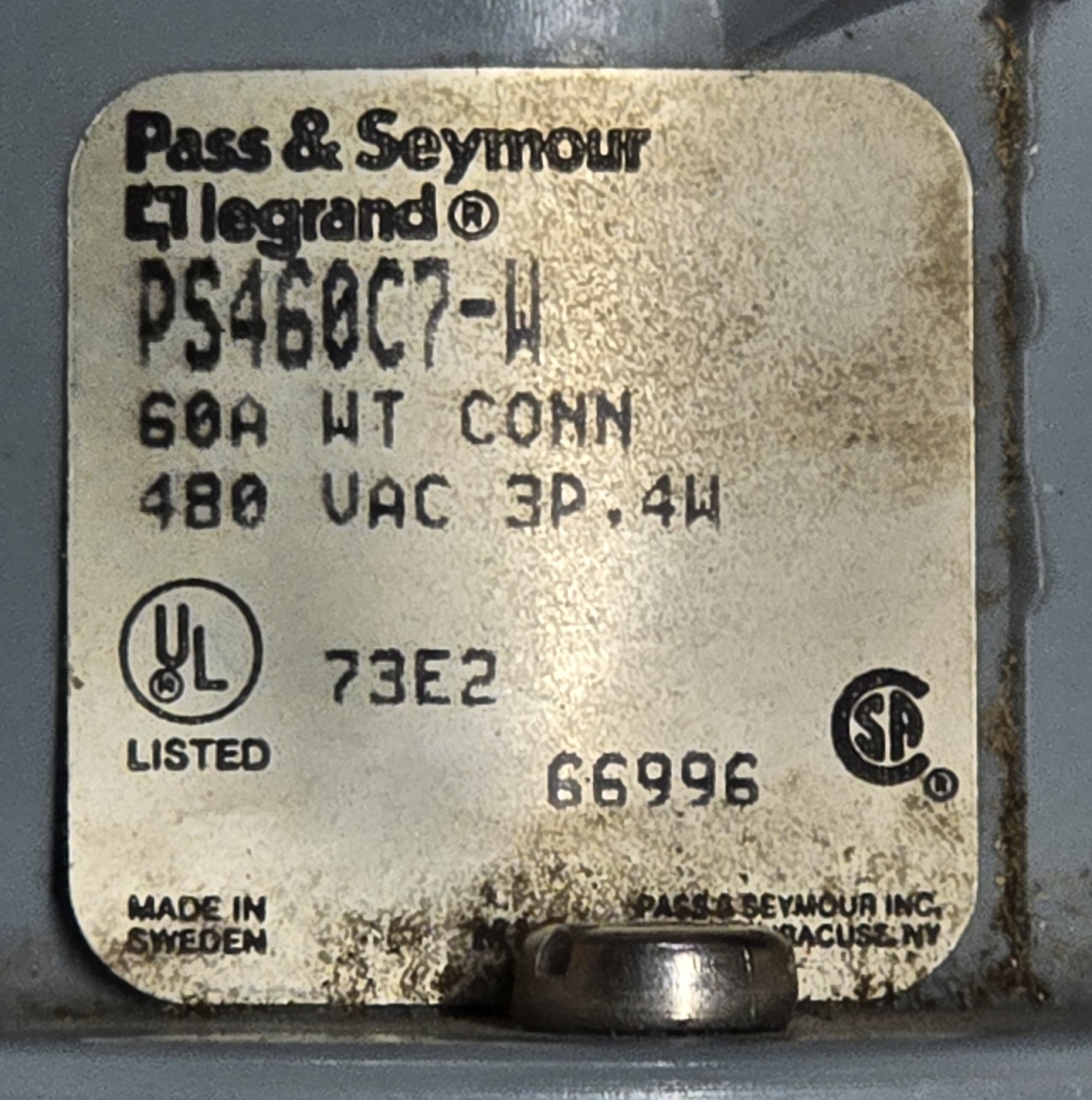 Pass & Seymour Legrand PS460P7-W & PS460C7- W 3P 4W 6OA 480 VAC Plug Connector