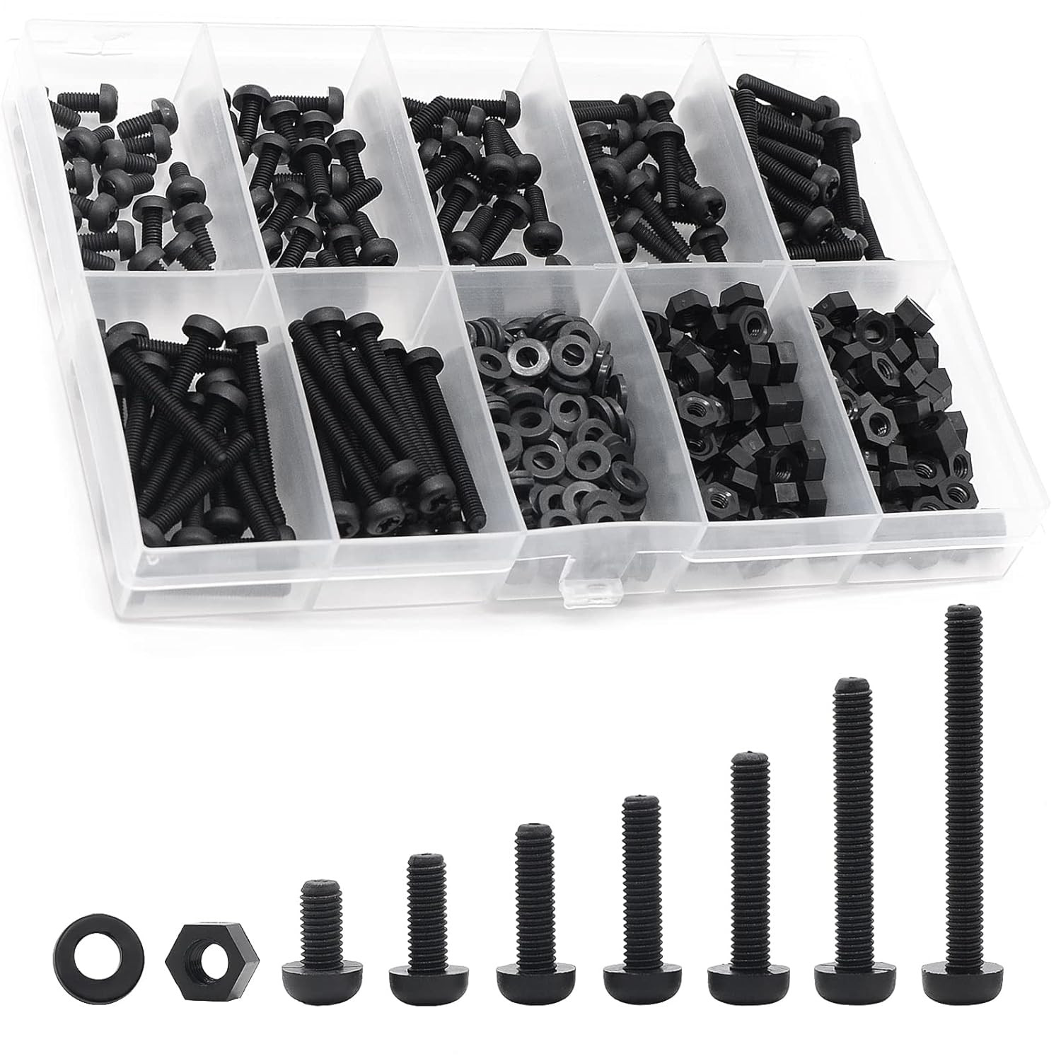 M3 Black Nylon Plastic Pan round Head Screws, Nut Bolts, Gasket Assortment Kit(M