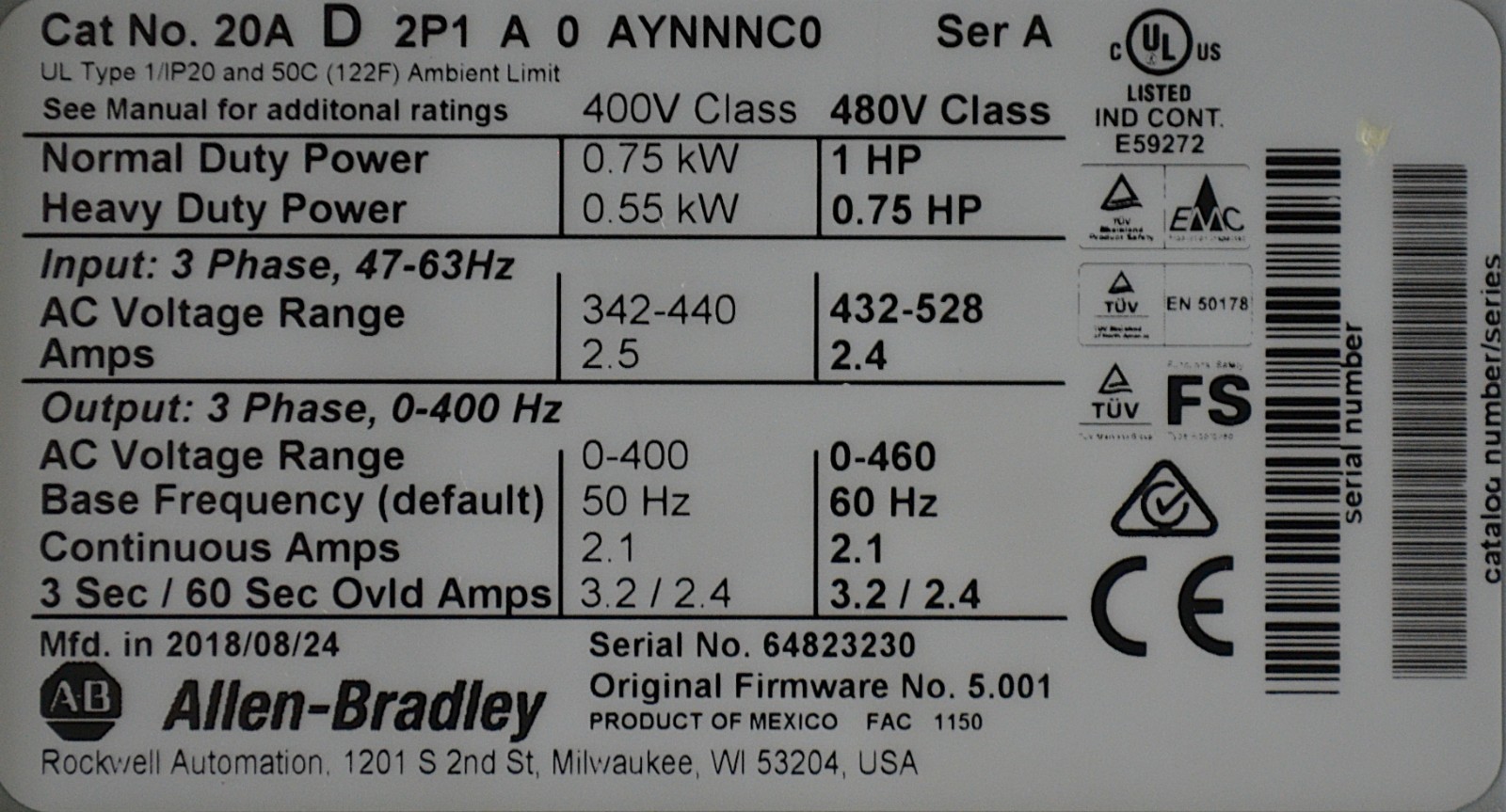 Low Hours Allen-Bradley 20AD2P1A0AYNNNC0 PowerFlex 70 1 HP Ser. A 480V FRN:5.001