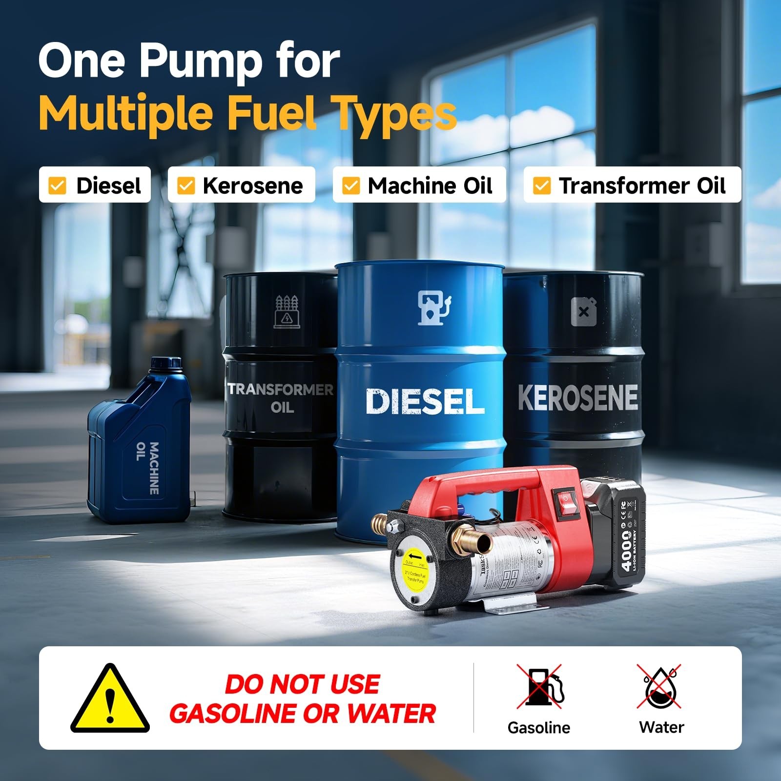 Portable 12GPM Battery-Powered Fuel Transfer Pump Kit with Auto-Off Nozzle & Hos