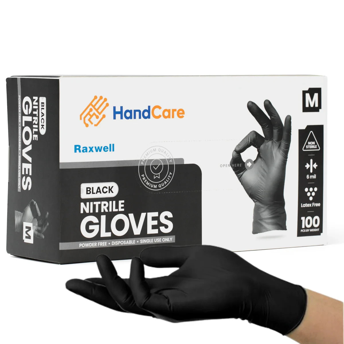 HandCare Black Vinyl Gloves – Powder Free (4 Mil), 1,000 Gloves
