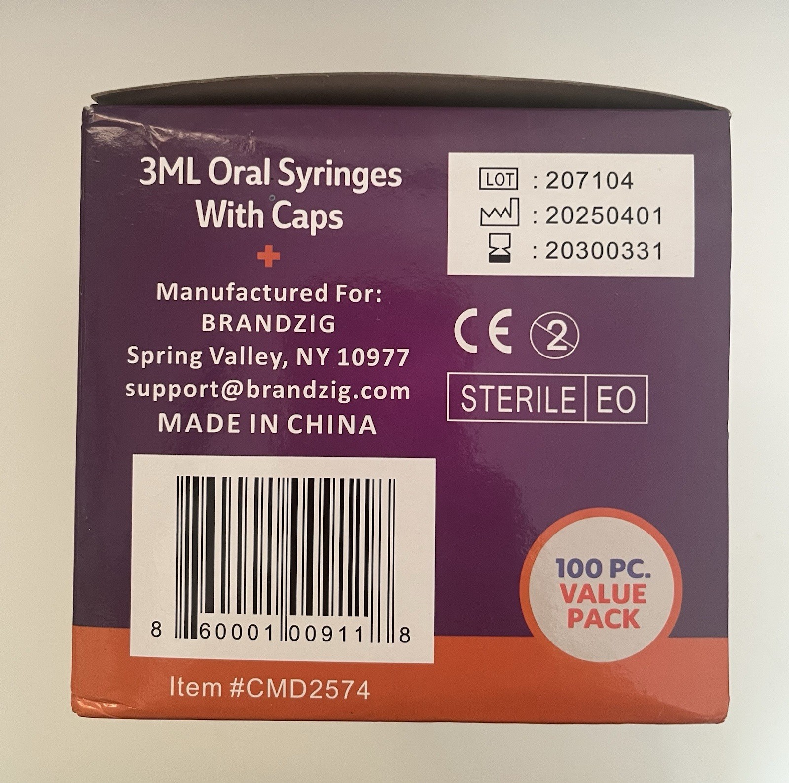 Brandzig Oral Syringe 3mL Luer Slip Tip w/Cap 100 Count Value Pack Damaged Box