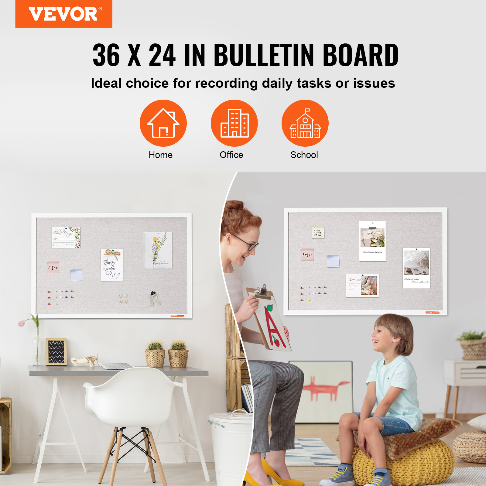 VEVOR 36″x24″ White Cork Board with Linen Surface Wall-Mounted Bulletin Board