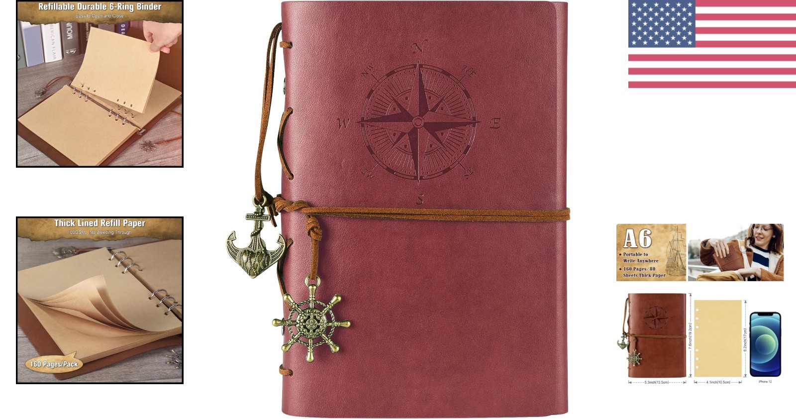 Travelers Journal Red Faux Leather Refillable Notebook for Writing & Planning