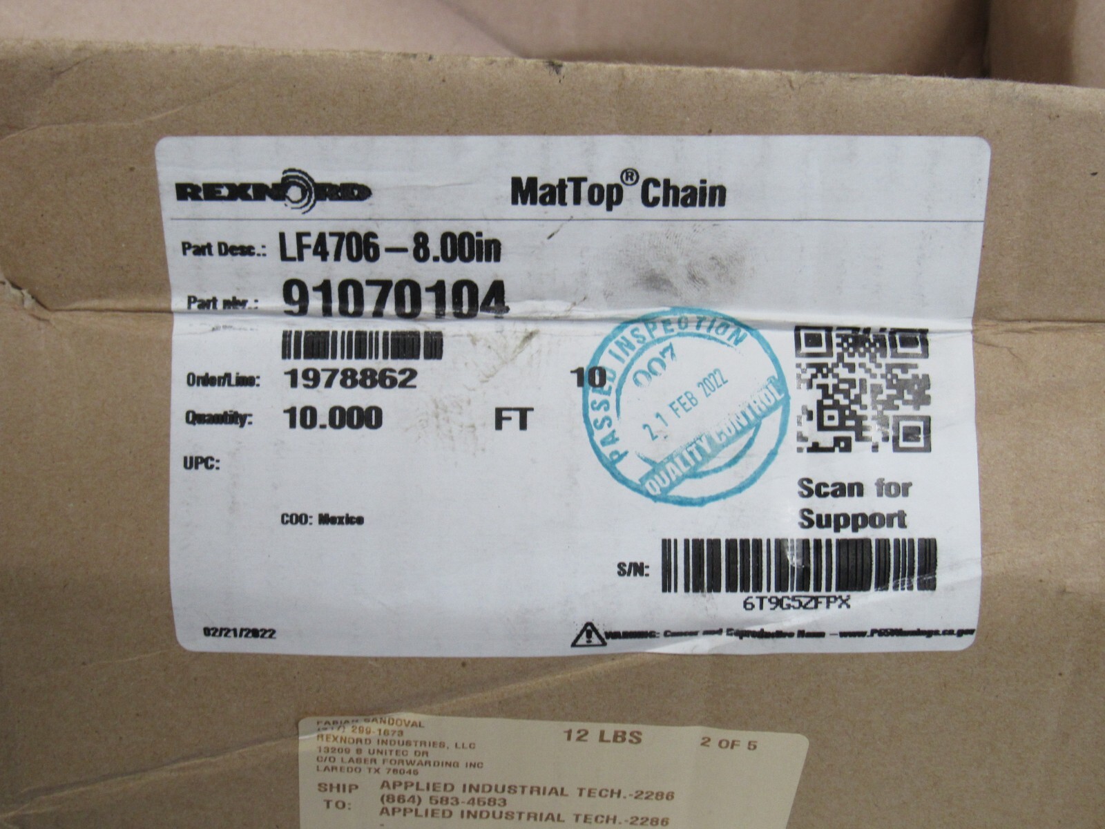 NEW REXNORD MAT TOP CONVEYOR CHAIN LF4706-8.00IN 91070104 8″W 10FT