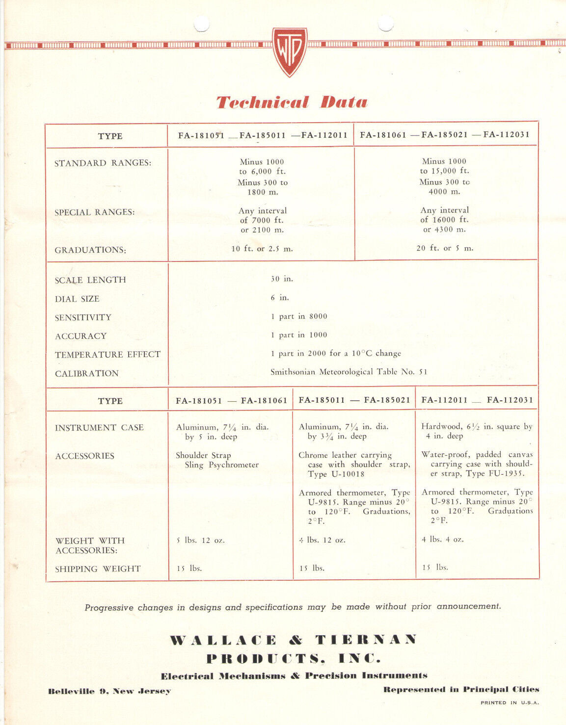VTG 1953 WALLACE & TIERNAN/TAYLOR ALTIMETER BROCHURES/PRICES! FA-181/185 & MORE!
