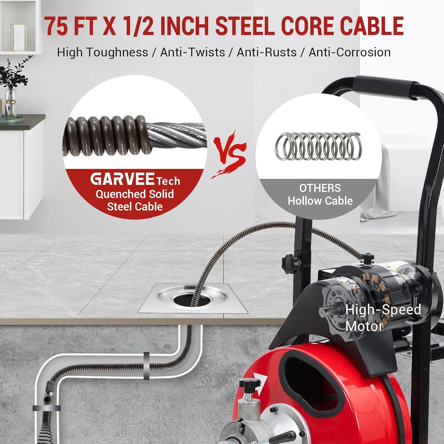 75 FT x 1/2 In Drain Cleaner Machine with 250W Motor, Air-Activated Foot Switch