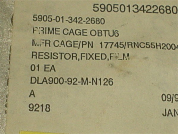 3 Mil-Spec Fixed Film Resistor 2MΩ 0.1% Component Part # RNC55H2004BS