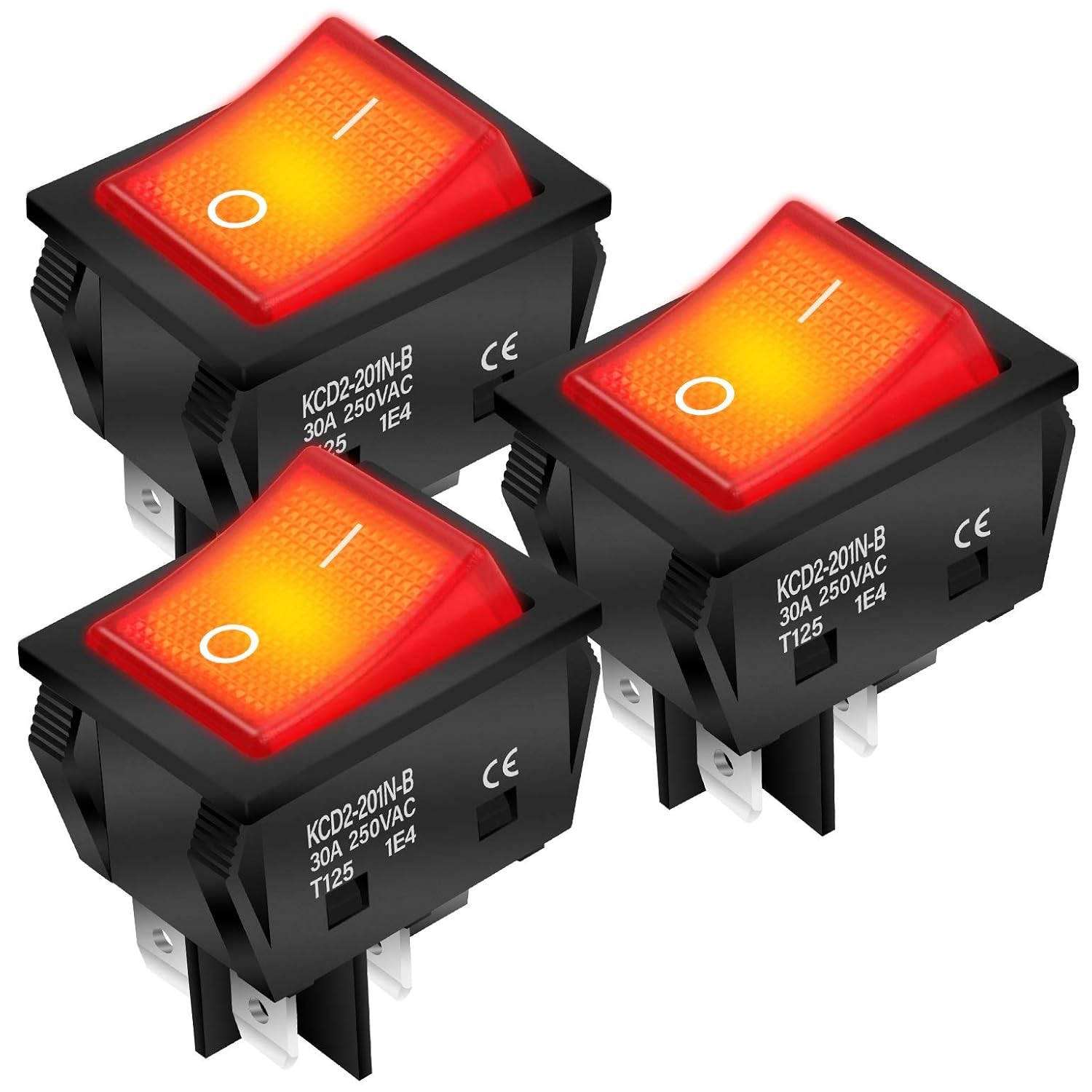 3 Pack On Off Red Light Rocker Switch 250V AC 30 AMP 125V 30A DPST 4 lug legs