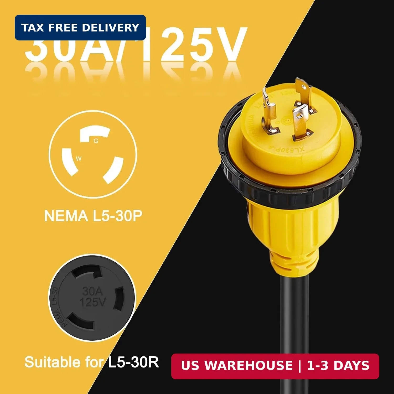 30 Amp Marine Shore Power Adapter, L5-30P Y Splitter to (2) L5-30R | L5-30P Male