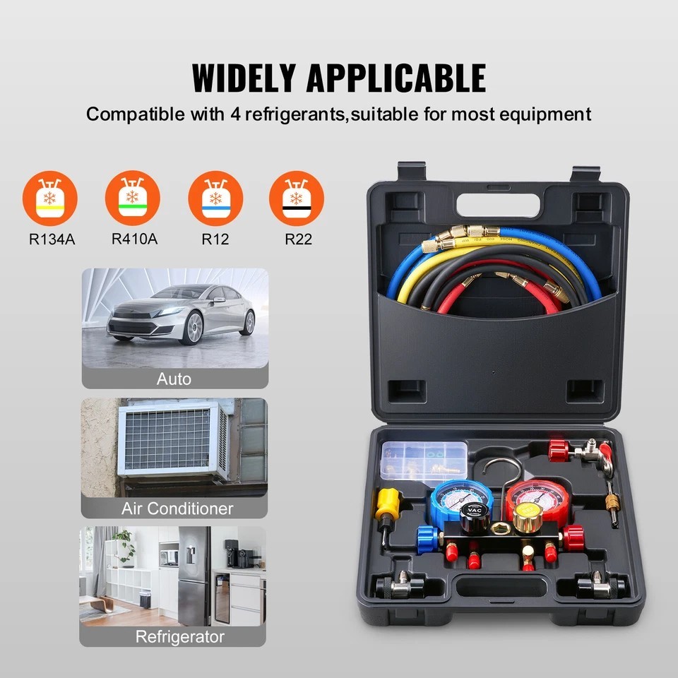AC Manifold Gauge Set 4-Way Fit R134A R12 R410A Refrigeration Charging