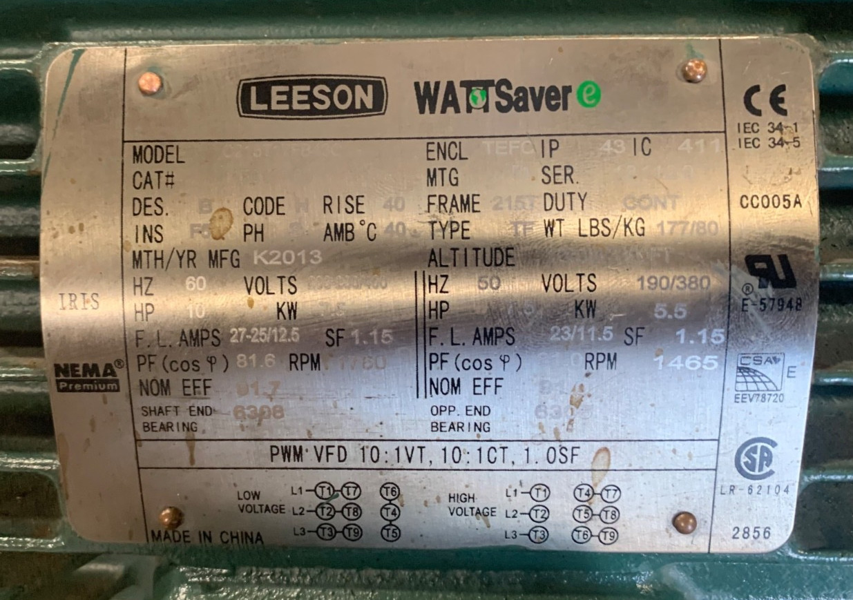 LEESON 10HP WATTSaver MOTOR 3PH 208-230/460VAC 1780RPM 215T Frame TEFC