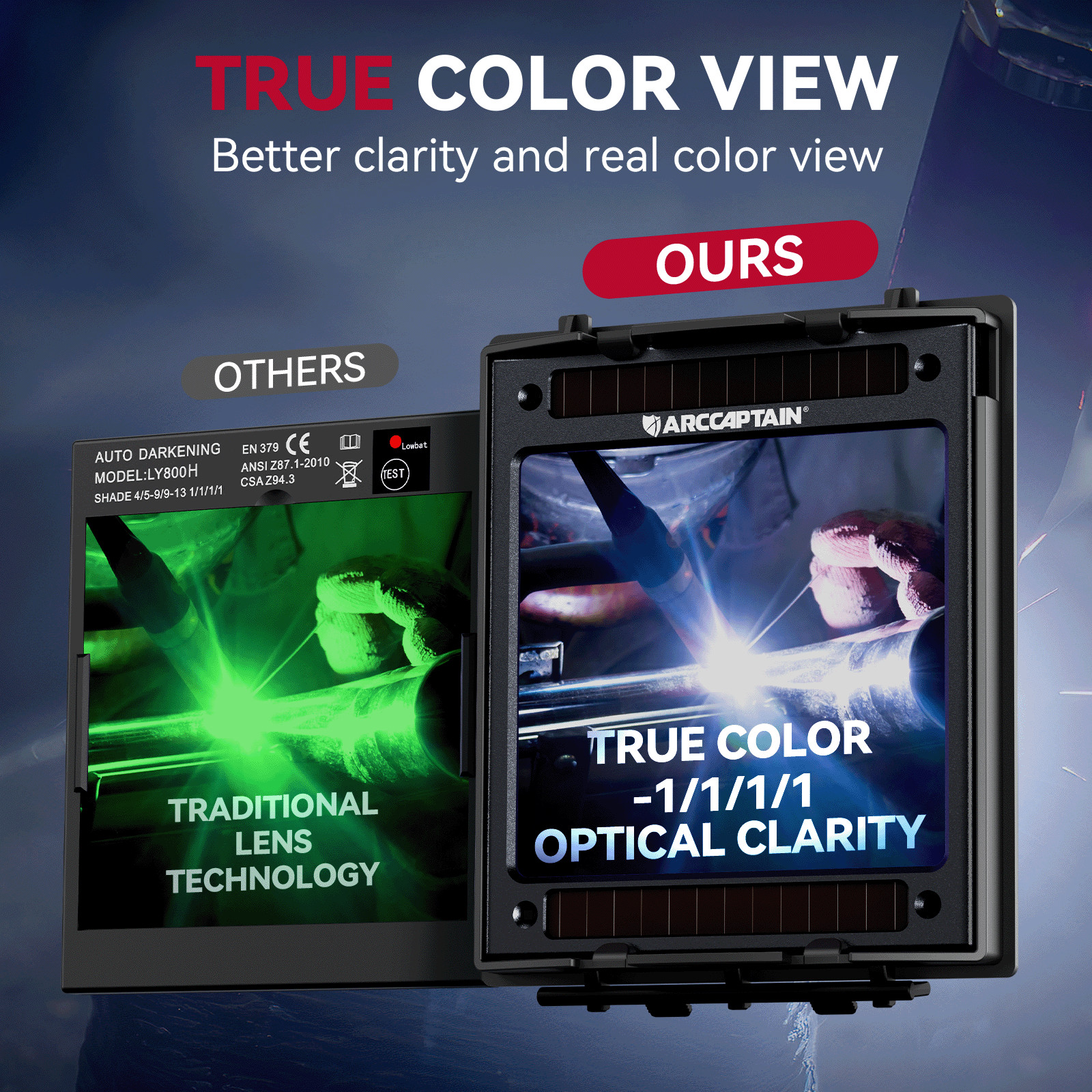 ARCCAPTAIN True Color Auto Darkening Welding Helmet for Arc Tig Mig with Light🔥