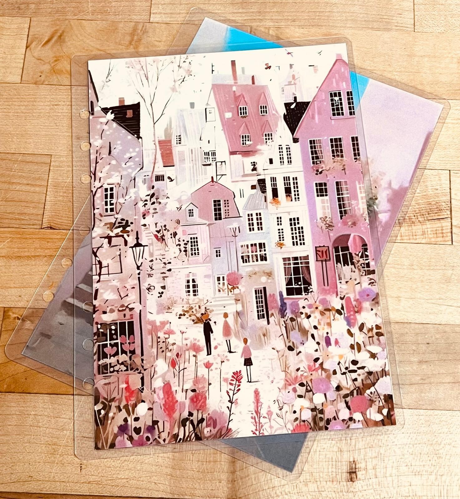 Pink Village House Scene Cover Set for use w Erin Condren A5 Ring Agenda Binder~