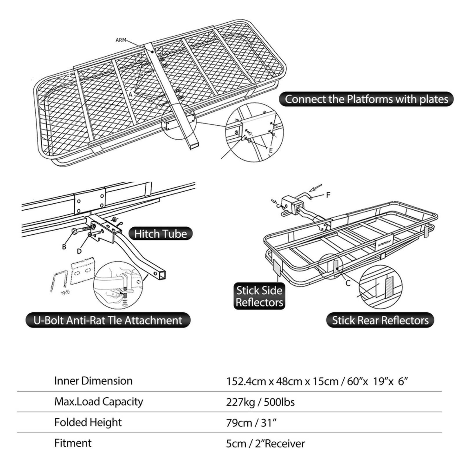Heavy Duty Load Folding Hitch Cargo Carrier, 500Lbs Trailer Basket, Waterproof