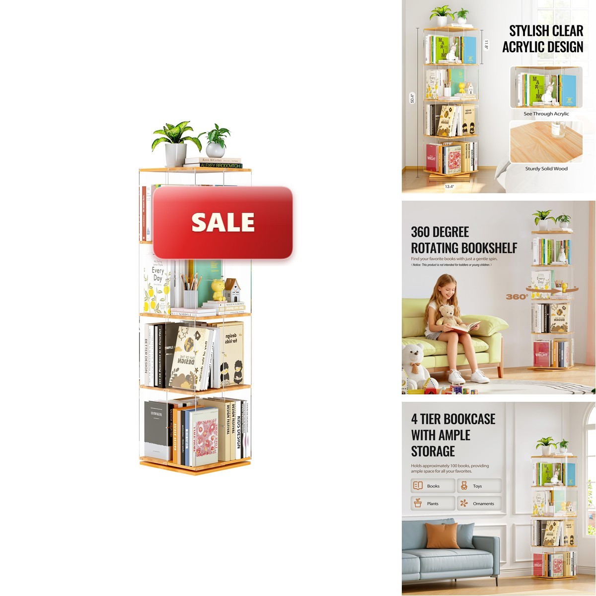 Takekit Rotating Bookshelf 360 Degree Revolving Bookcase 4-Tier Spinning