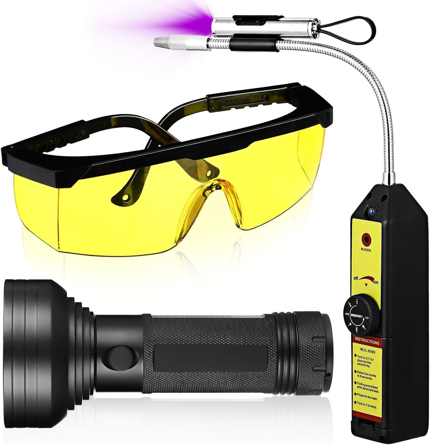 Rugged Refrigerant Leak Detection Tool with Adjustable Probe & UV Safety Glasses