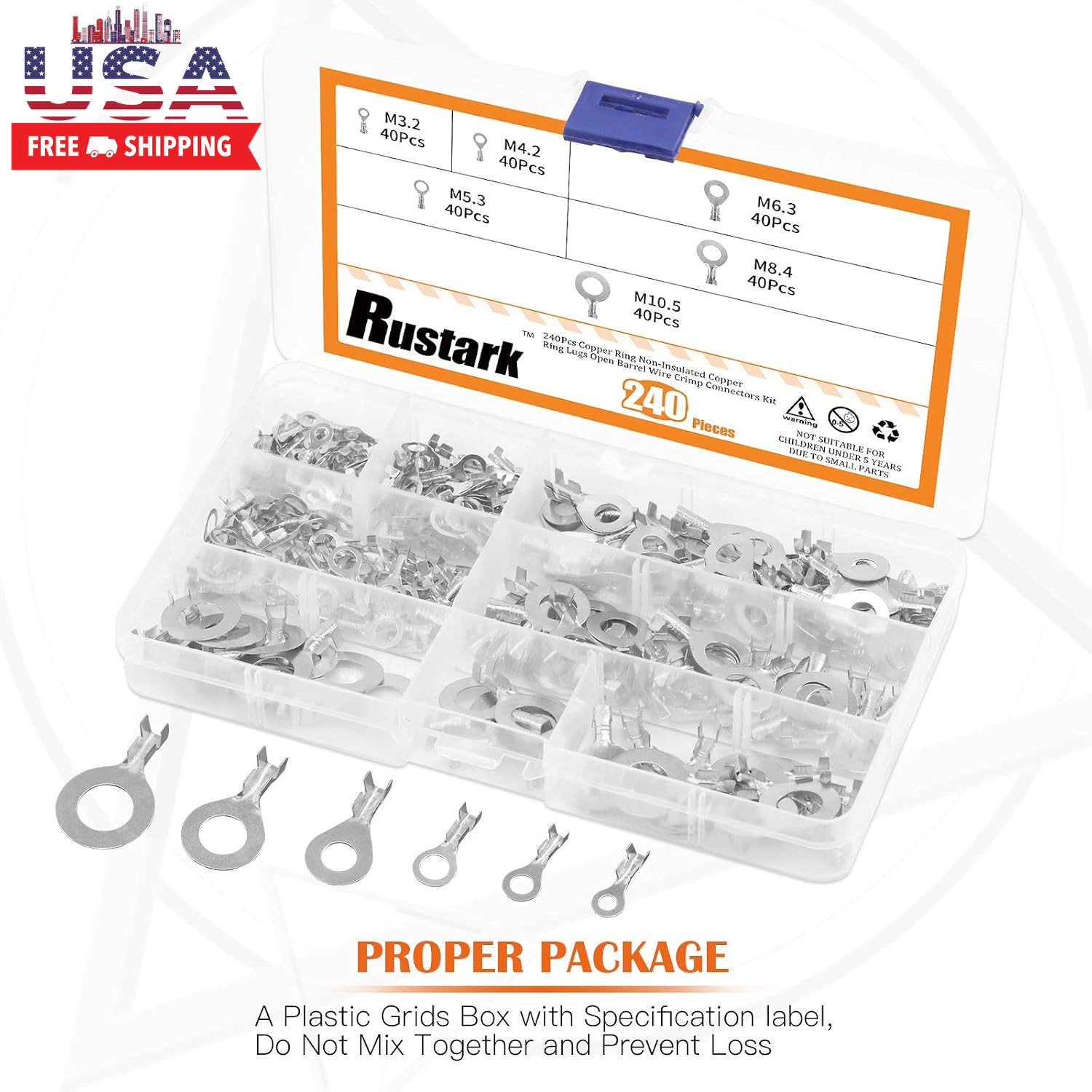 6 Sizes 240 Pcs Non-Insulated Ring Crimp Terminals Connector Assortment Set, O-T