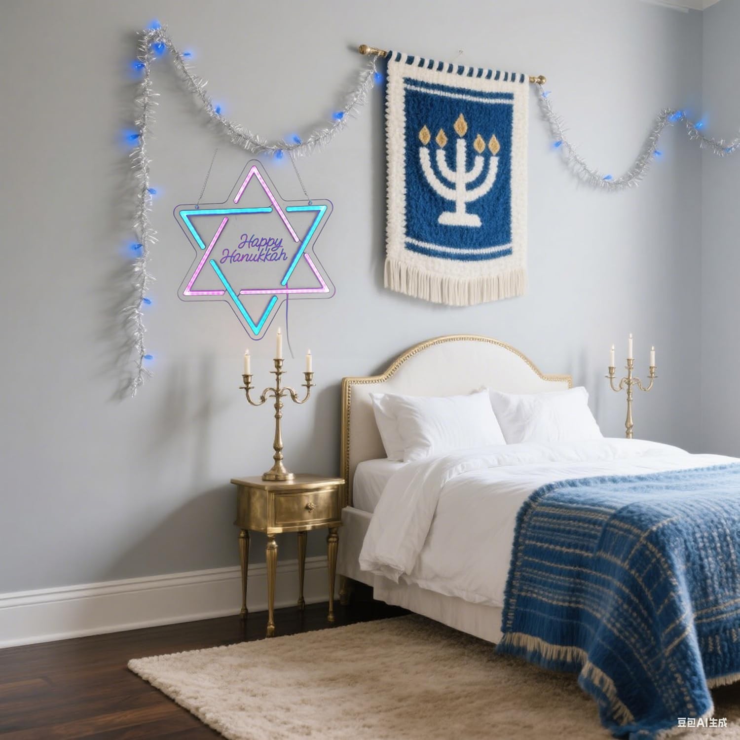Hanukkah Neon Sign, | David Star Pink Blue Gradient LED Light with ‘Happy Han…
