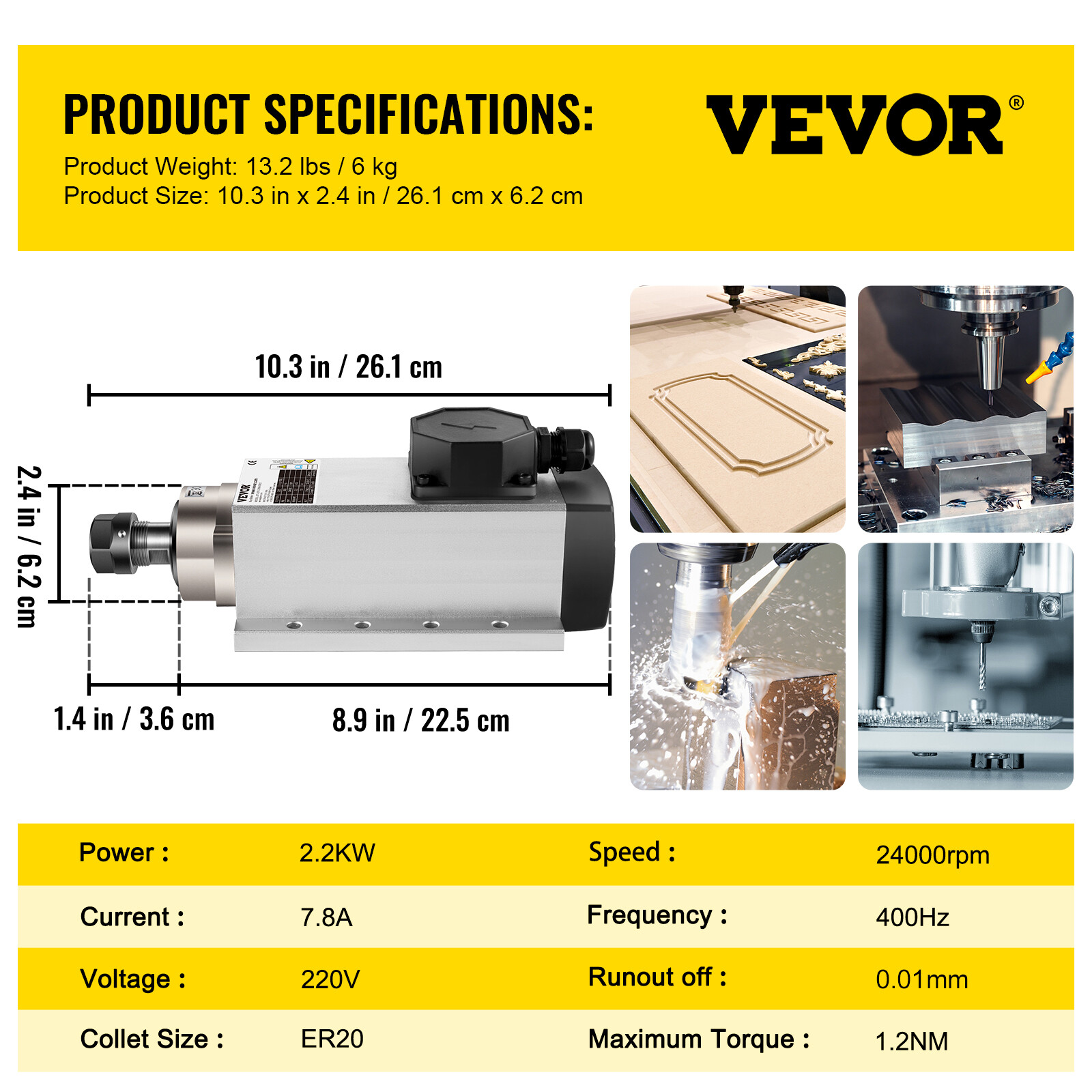 VEVOR Square CNC Spindle Air Cooled Motor 2.2KW 220V ER20 Collet Ceramic Bearing