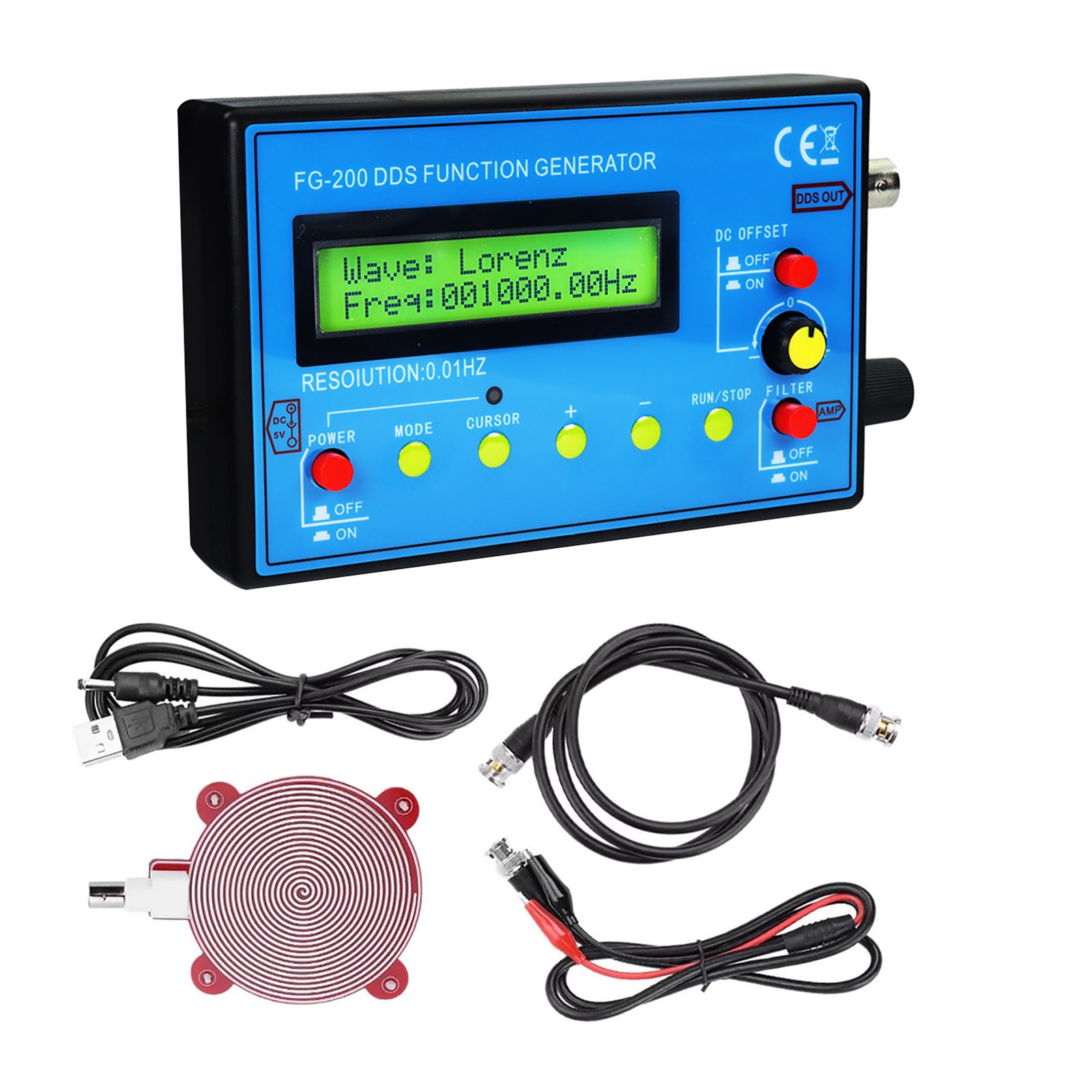 0.01Hz-500kHz DDS Signal Generator Kit with BNC Clip Lead and USB Power Cable