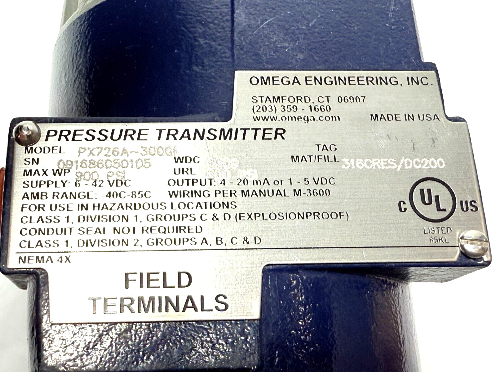 Omega Engineering PX726A-300GI Pressure Transmitter 0-50 to 0-300 psig 900 psi