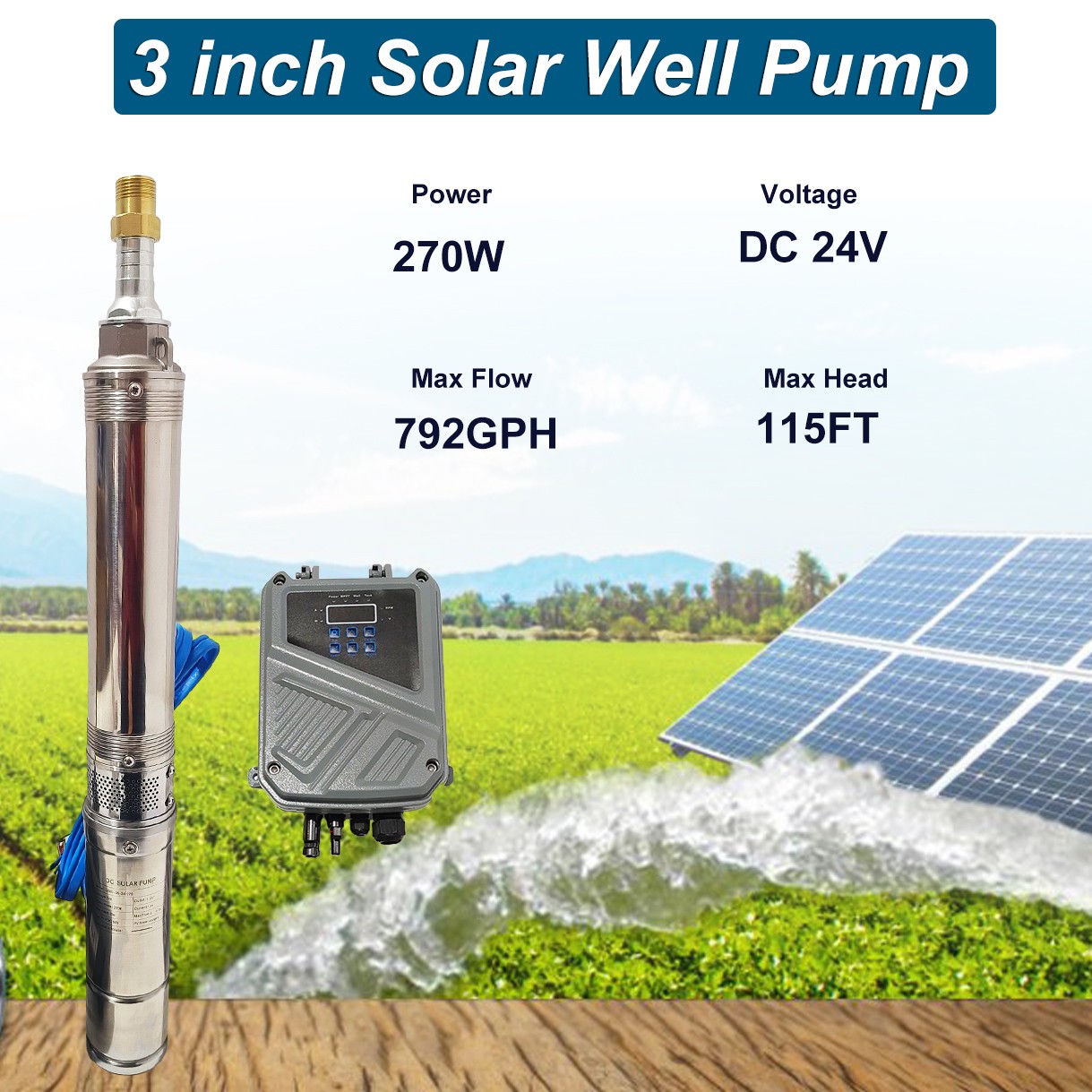 4»Deep Well Submersible Pump, 1HP 207′ 37GPM 110V Stainless Steel w/Control Box