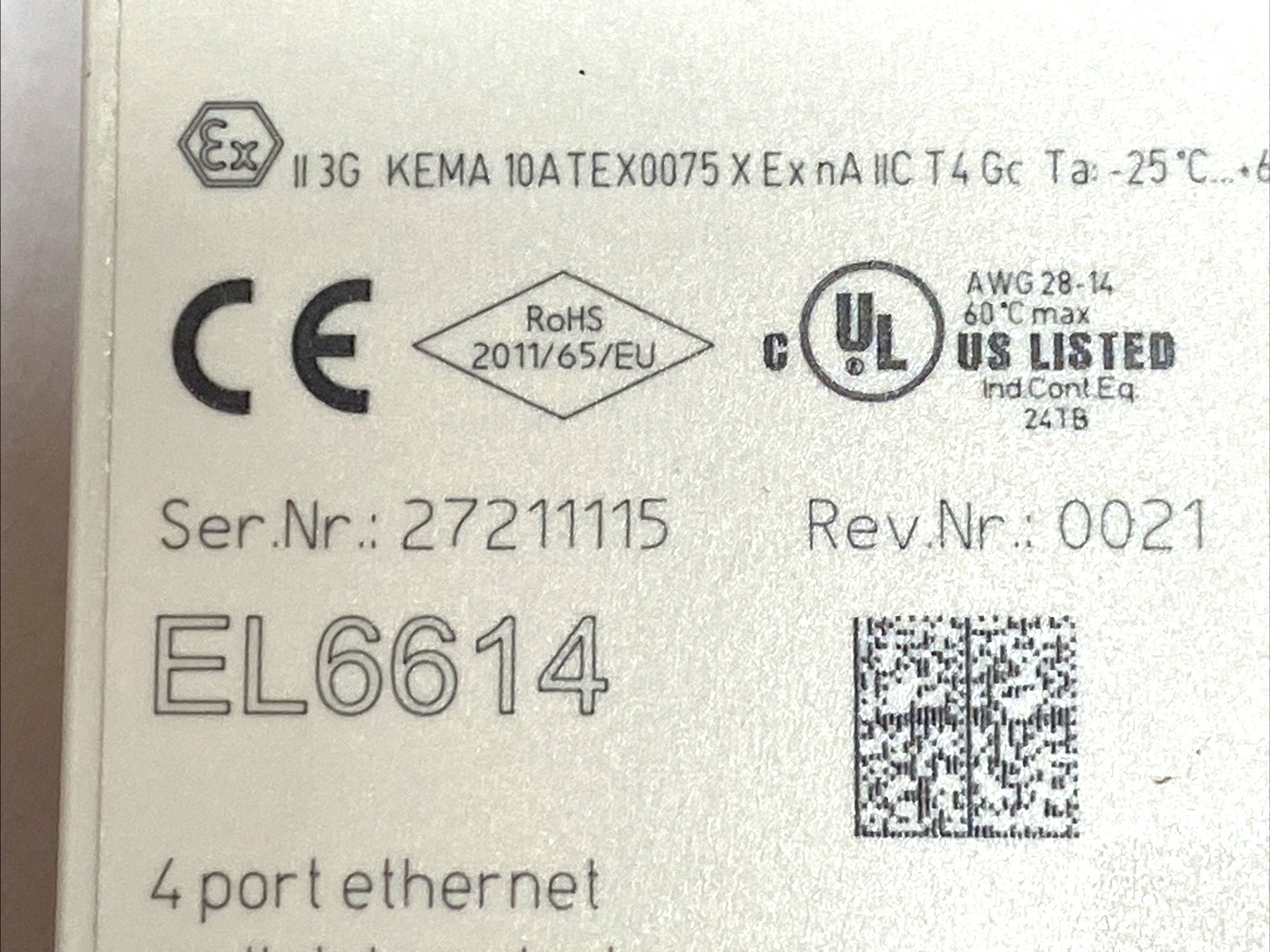Beckhoff EL6614 EtherCAT 4-Port Ethernet Switch Communication Interface Terminal