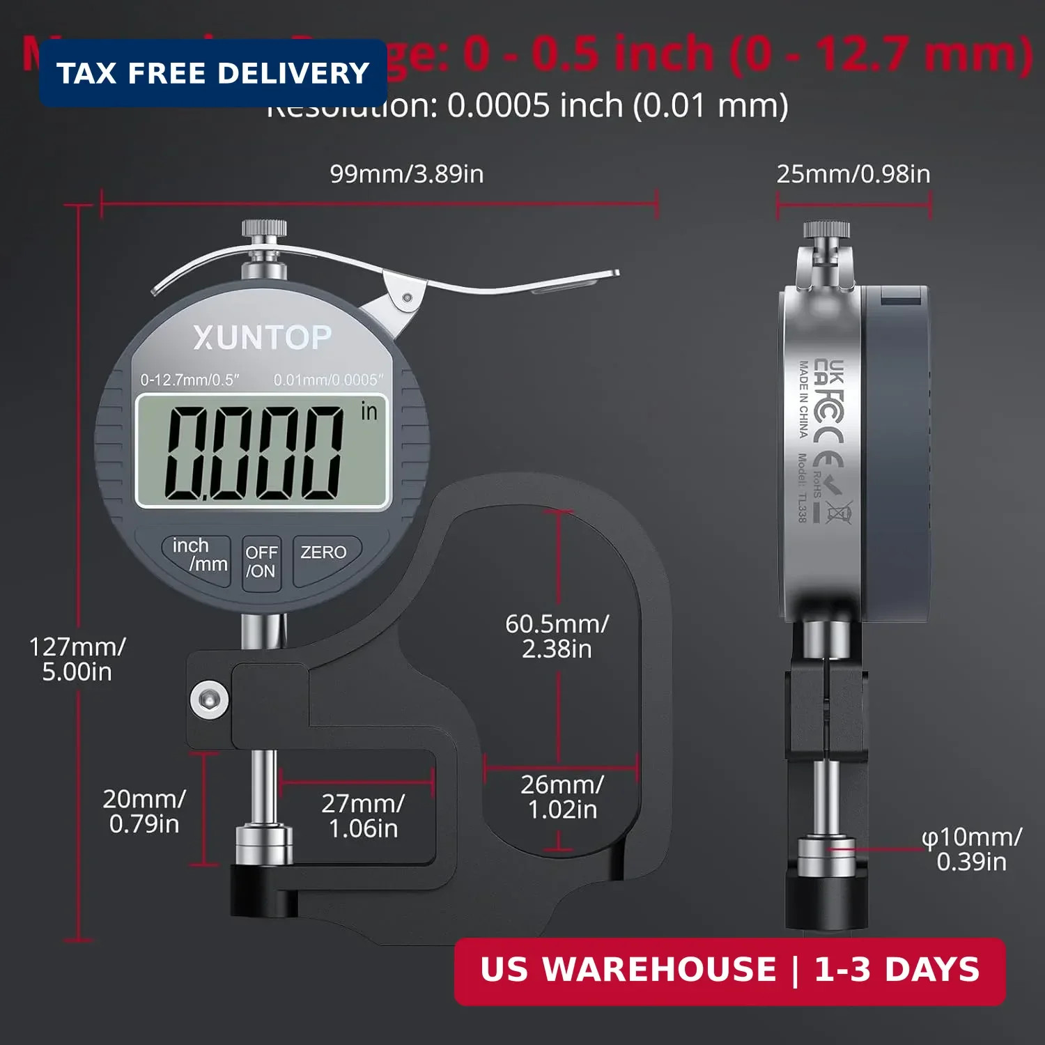 XUNTOP Digital Thickness Gauge 0.5inch/0.0005inch(12.7mm/0.01mm) Thickness Meter