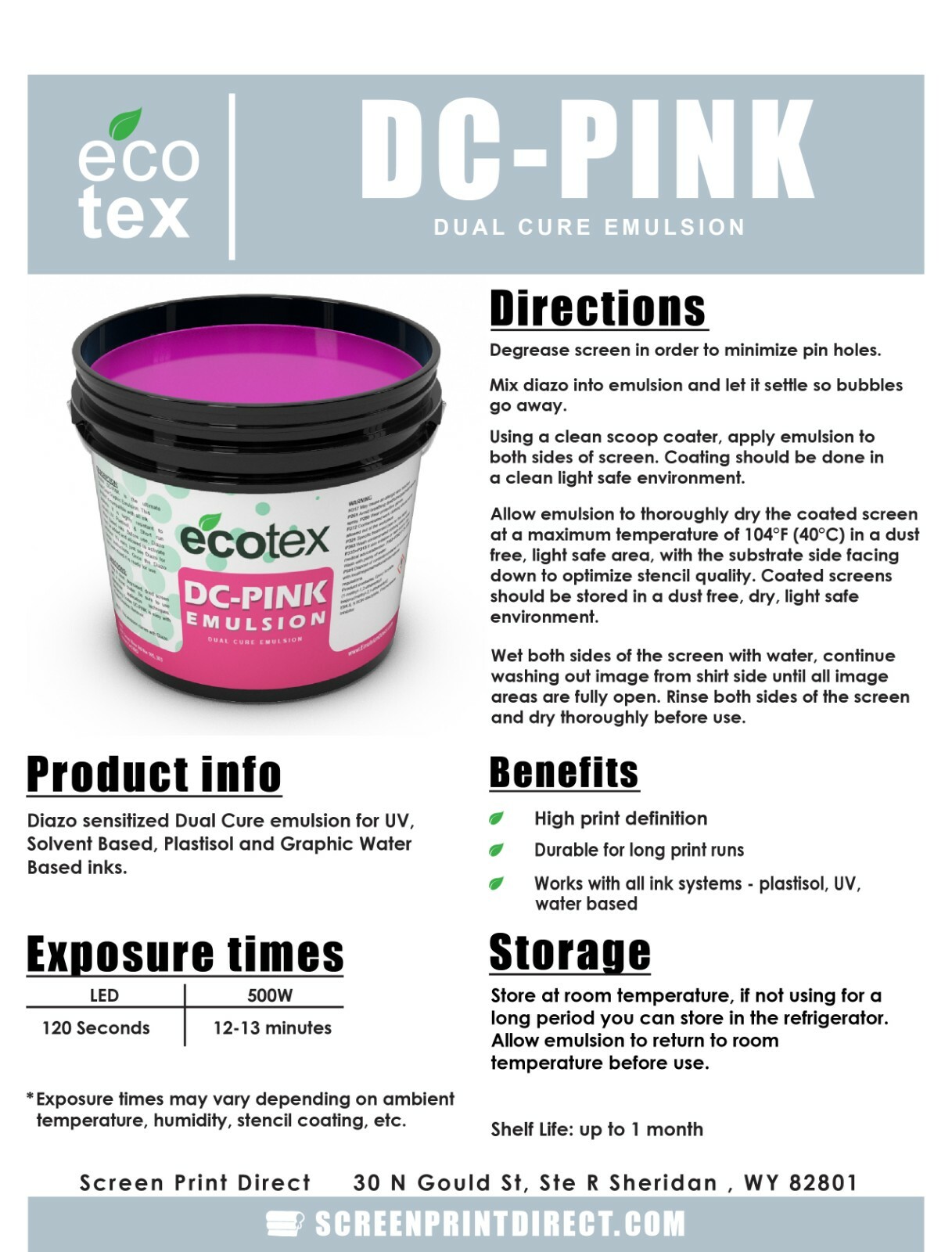 Ecotex® Dual Cure Pink Emulsion For Screen Printing – 1 Pint – 16 ounces