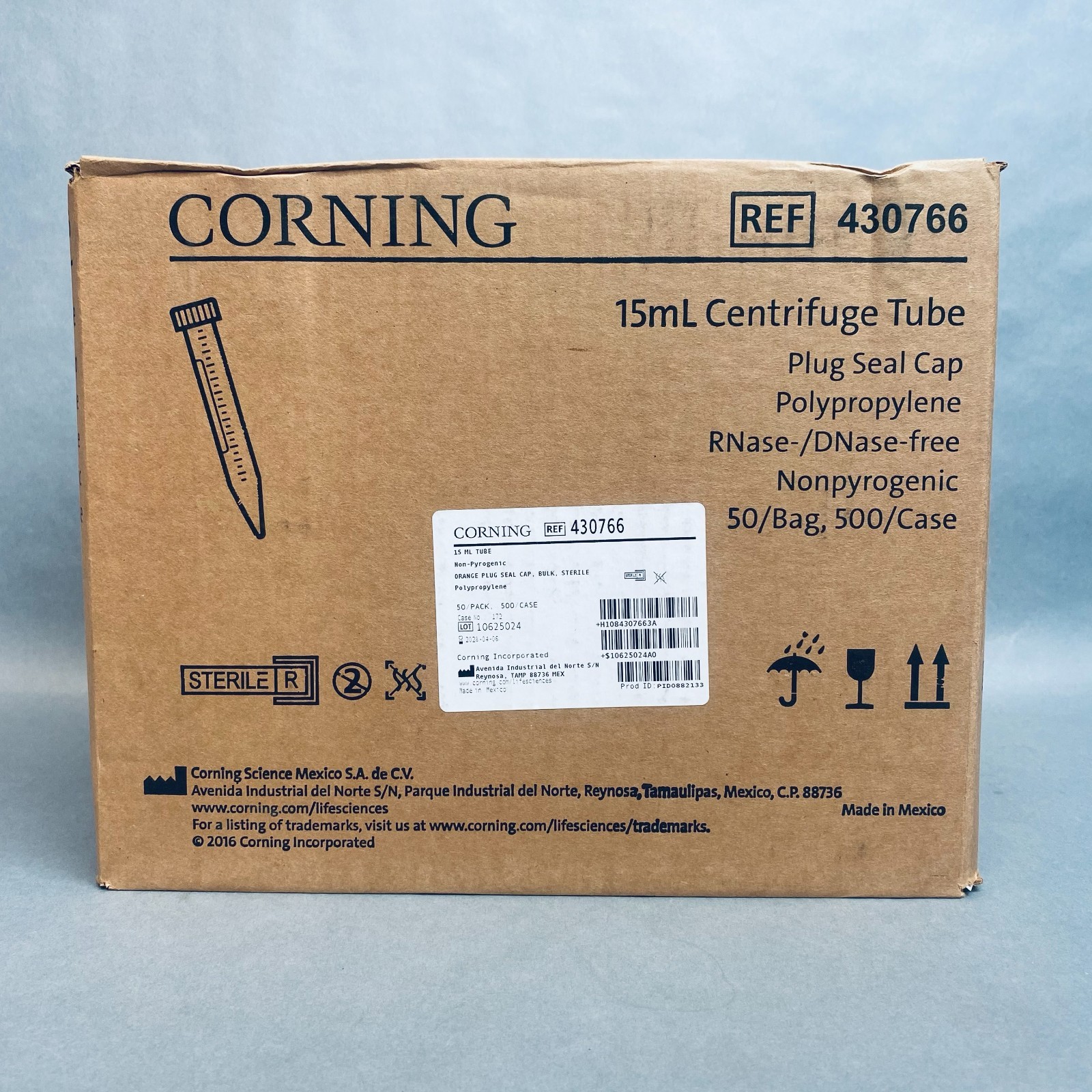 Corning Centrifuge Tube 15 ml Plug Seal Cap Polypropylene Case of 500 Tubes
