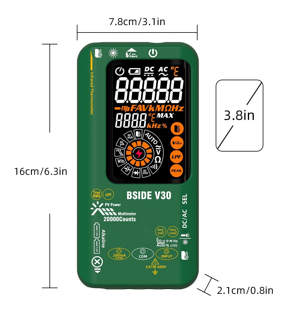 Photovoltaic Multimeter mV/uA IR Thermometer Test Pen TRMS Li-Battery Color LCD