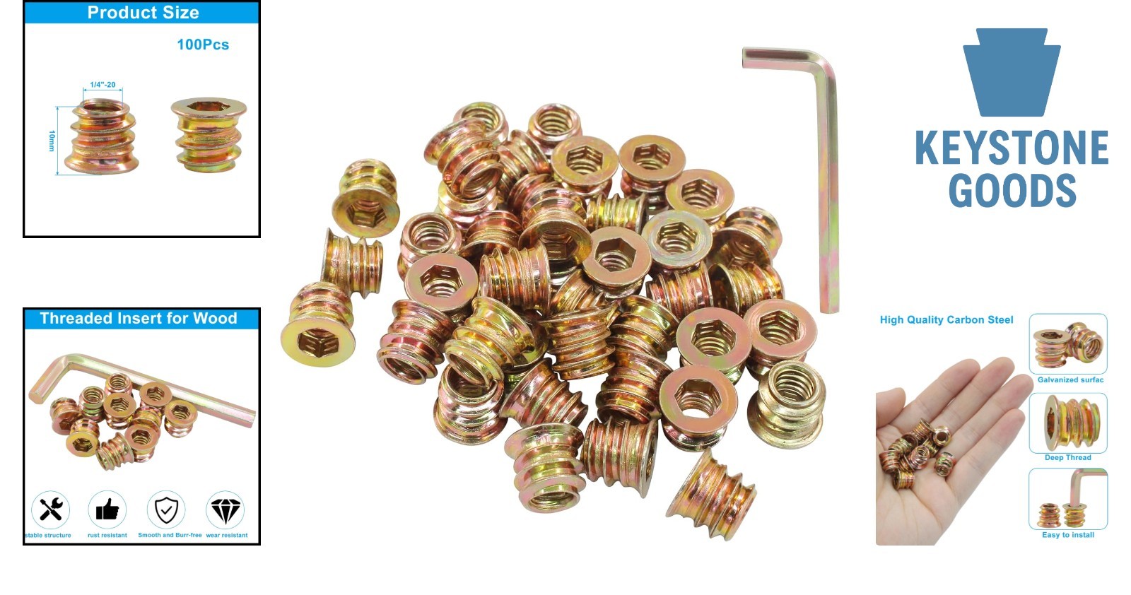 100-Pack 1/4-20 Threaded Wood Inserts for Furniture & DIY Projects